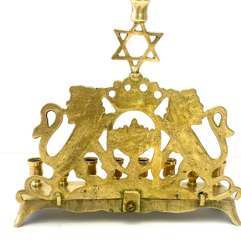 Vintage Lions of Judea Menorah Solid Brass Eastern European, c. 1900